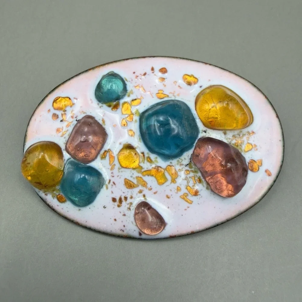 Vintage Oval Enamel Brooch Multi Color Glass Cabochons Gold Flake Art Glass 2.25